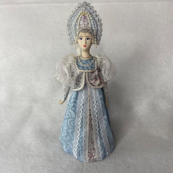 Traditional Russian Folk Doll Blue Dress W/Silver & Lace Handcrafted Collectible - Picture 3 of 11